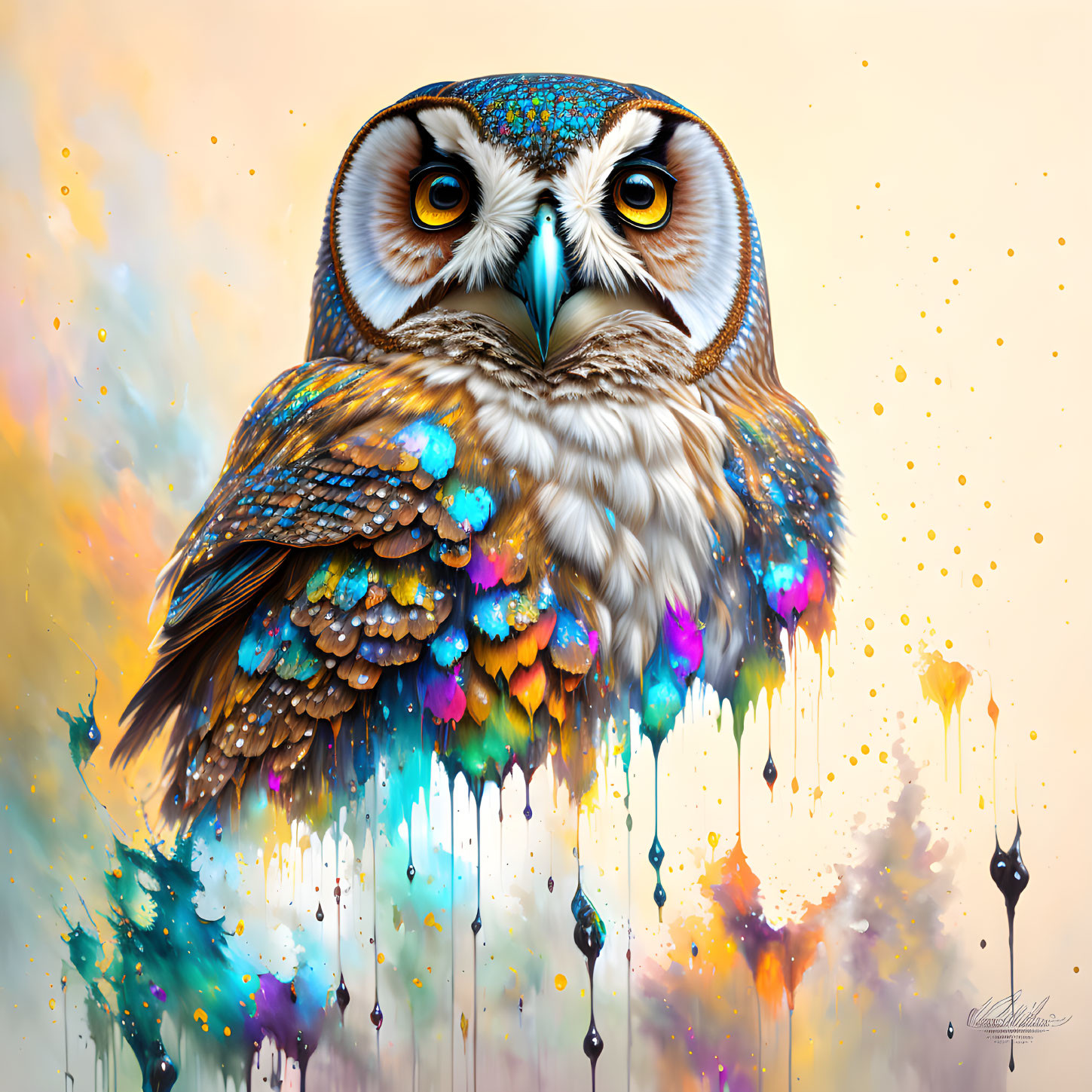 Colorful Owl Artwork with Melting Feathers on Light Background