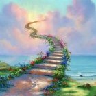 Fantasy landscape with stone staircase, arch, greenery, soap bubbles, pastel sky