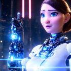 Animated female character with robotic arm in futuristic blue armor gazes at mechanical hand in city nightscape