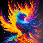 Colorful Phoenix Flying with Fiery Feathers in Blue, Orange, Yellow