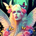 Fantasy portrait of a woman with angelic wings, butterflies, and roses