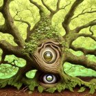 Whimsical tree with face and large eyes in vibrant green foliage