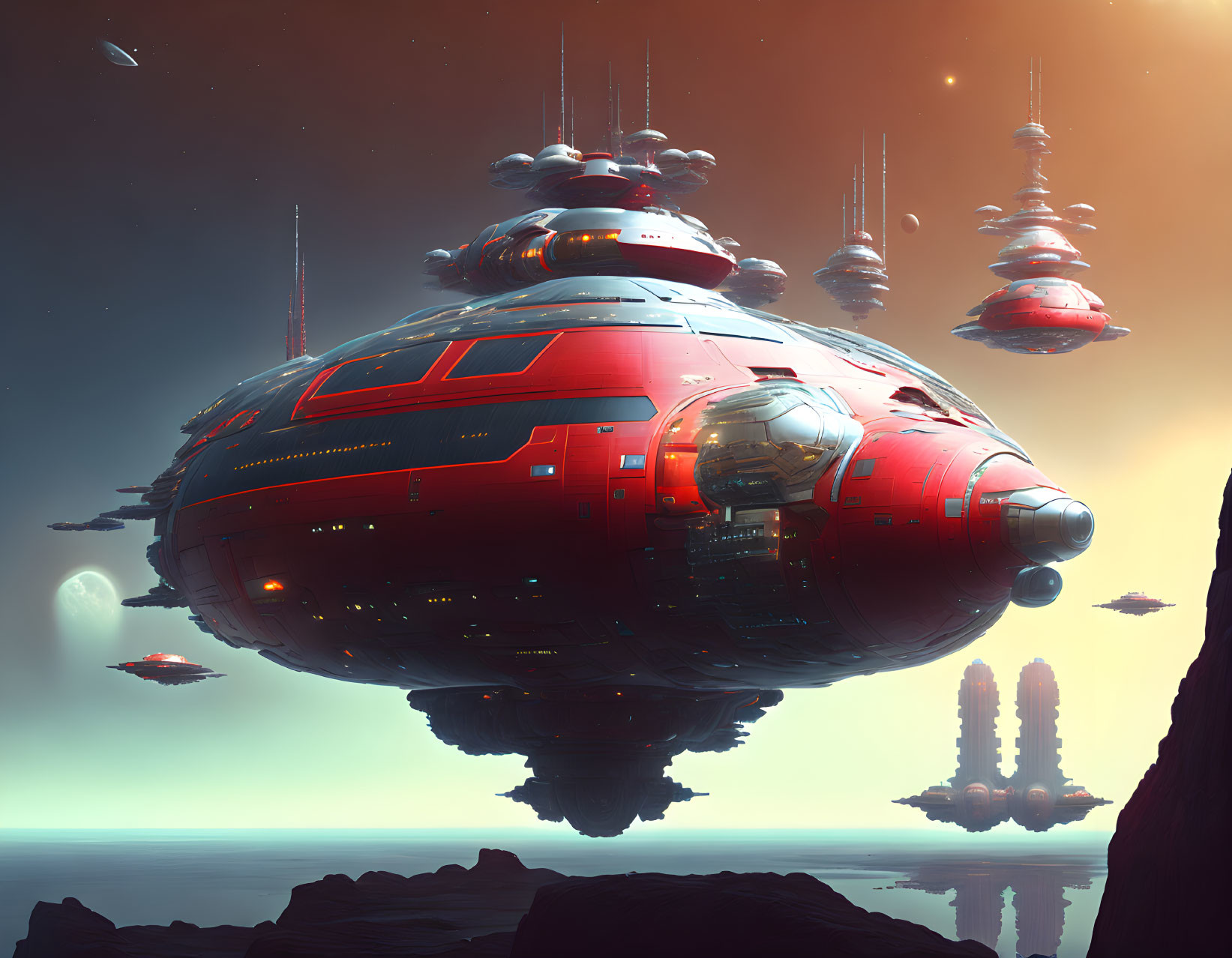 Red dome-shaped spaceships over rocky alien landscape under reddish sky