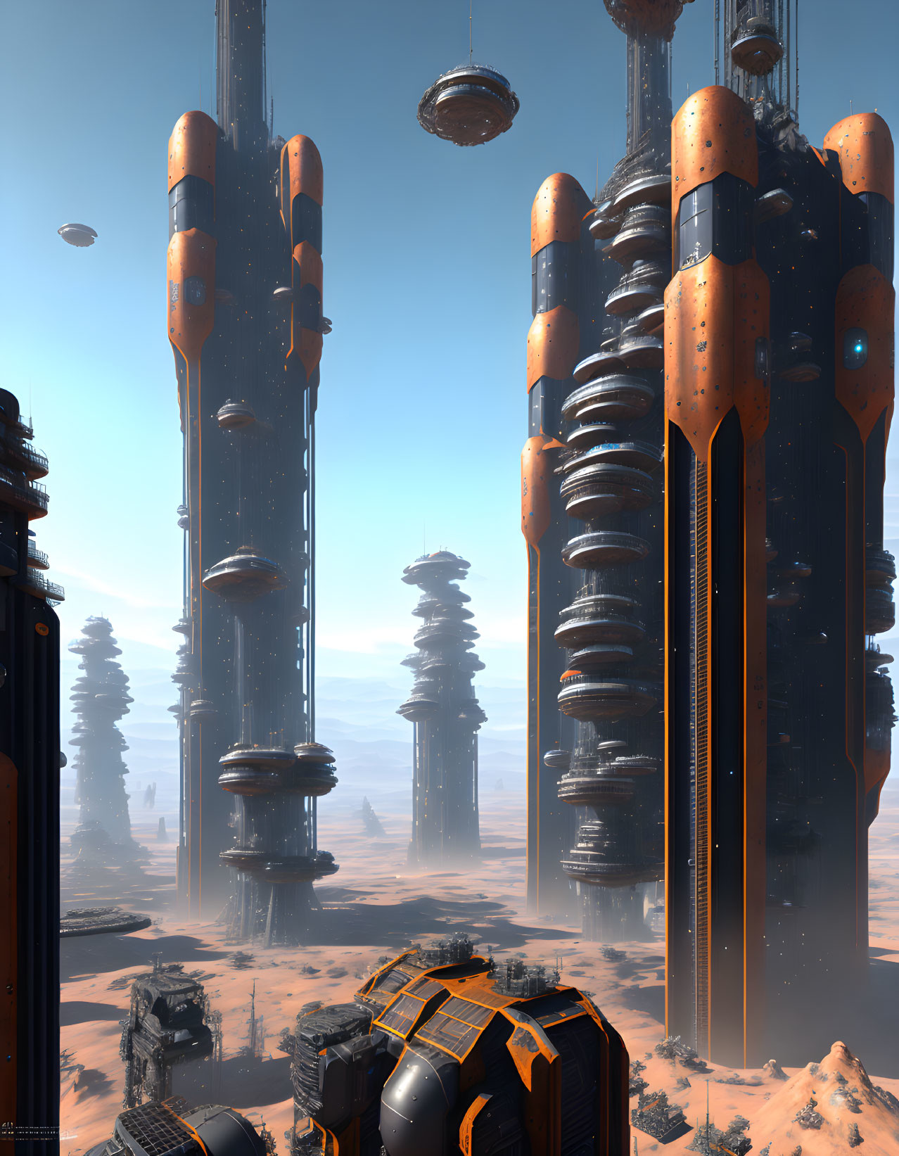 Futuristic desert landscape with rust-covered towers and floating platforms