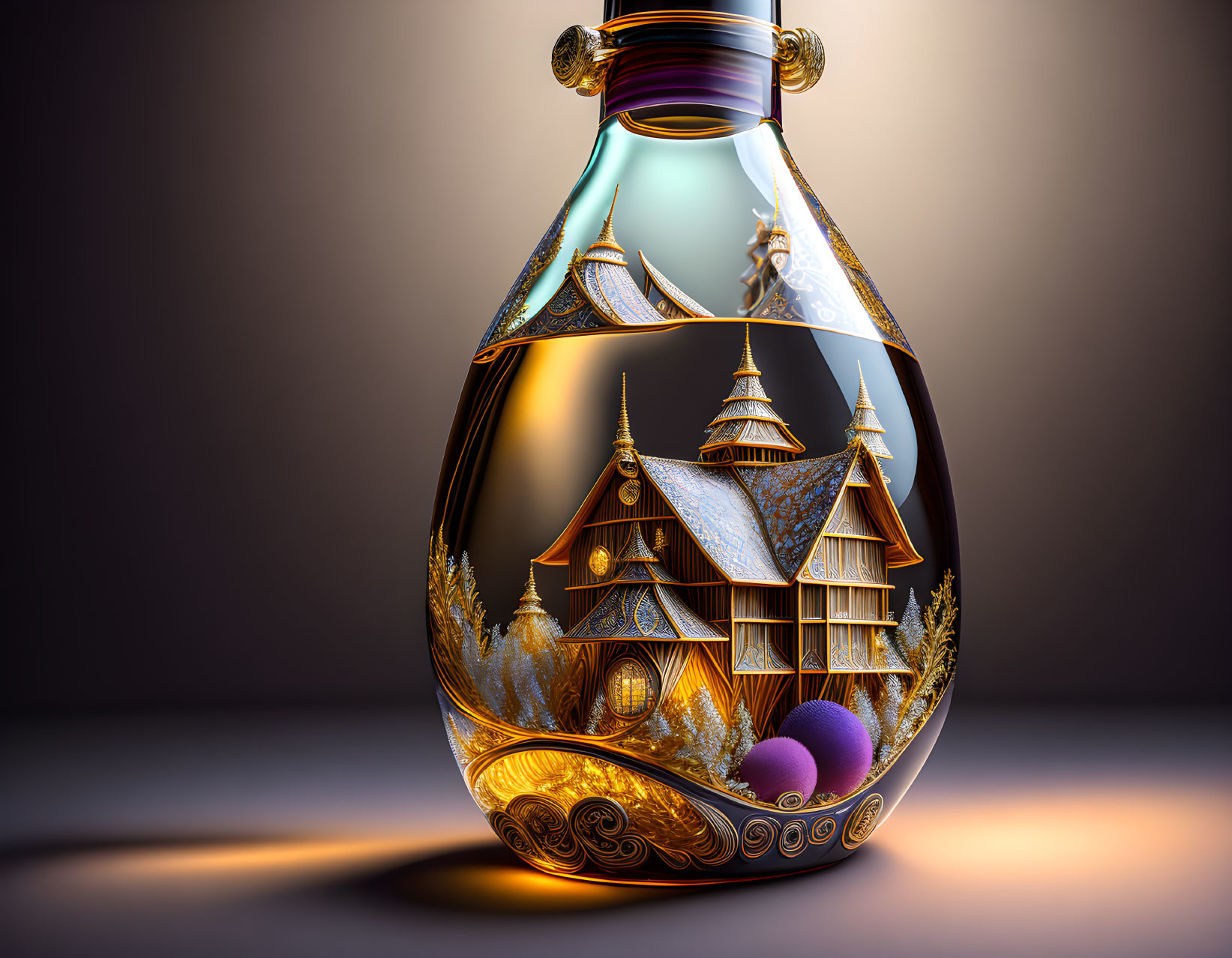 Transparent bulb-shaped bottle with golden Thai temple and purple spheres.