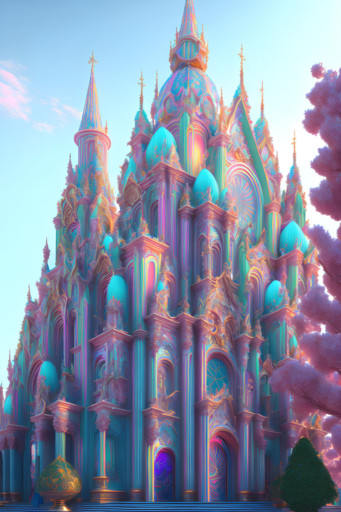 Fantastical Gothic castle with colorful spires and ornate details