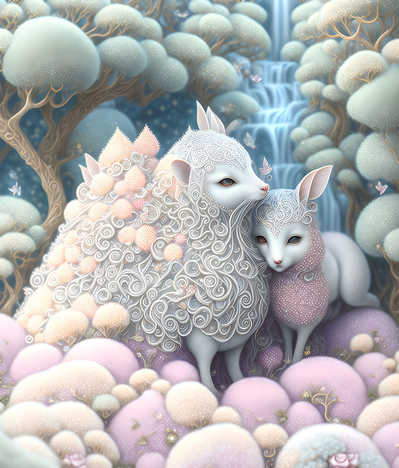 Fantastical cat-like creatures in pastel forest with whimsical trees