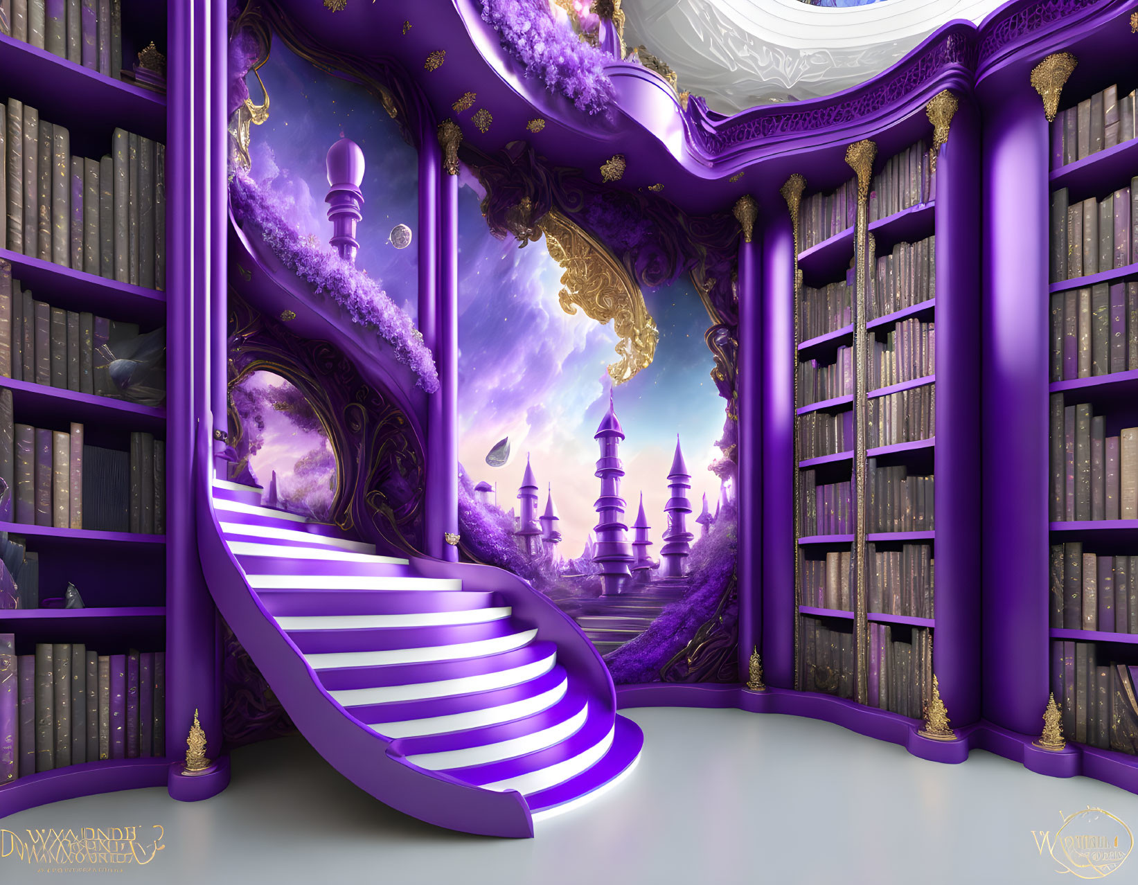 Fantastical library with purple accents, spiral staircase, and city view.