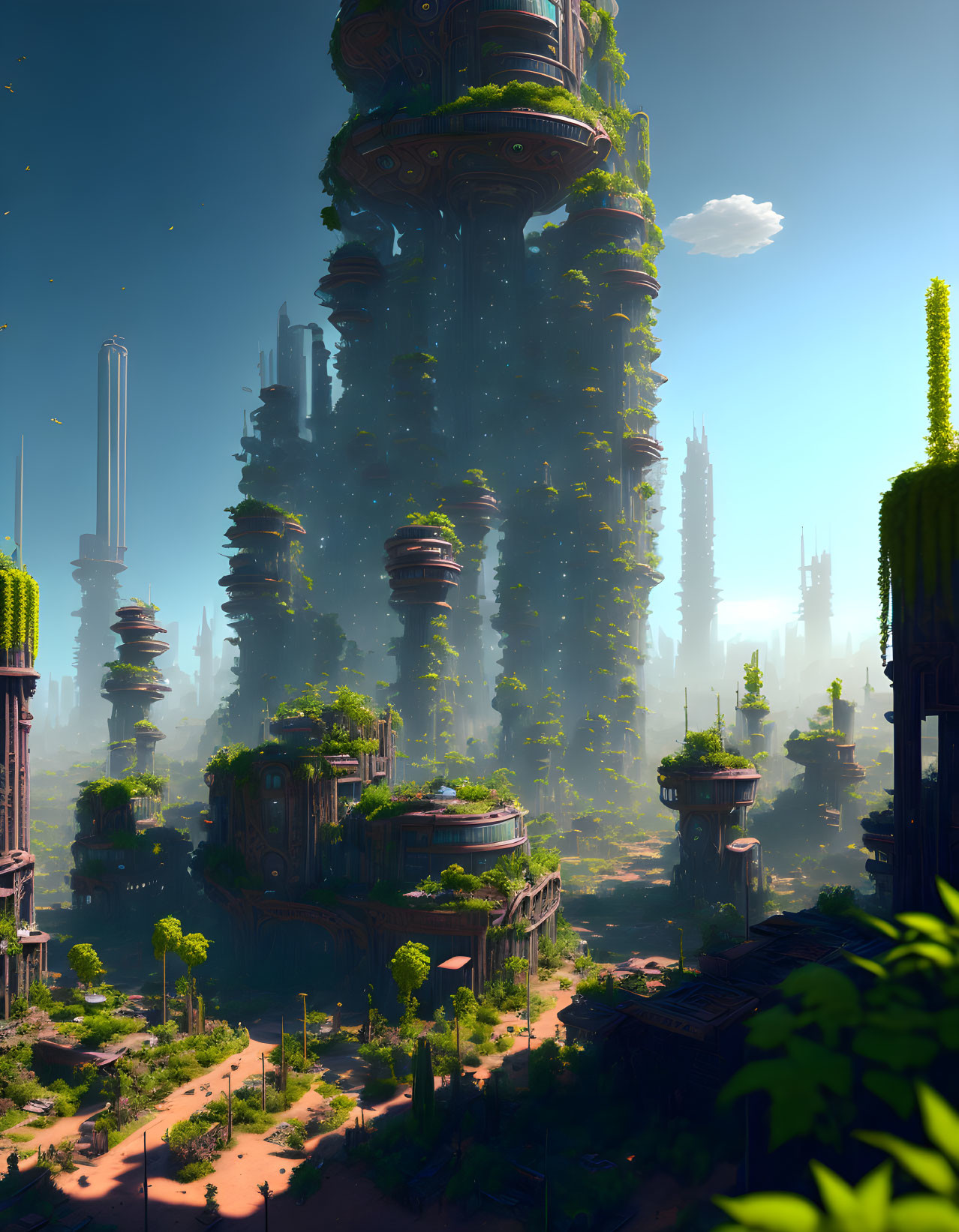 Plant-covered skyscrapers in lush futuristic cityscape