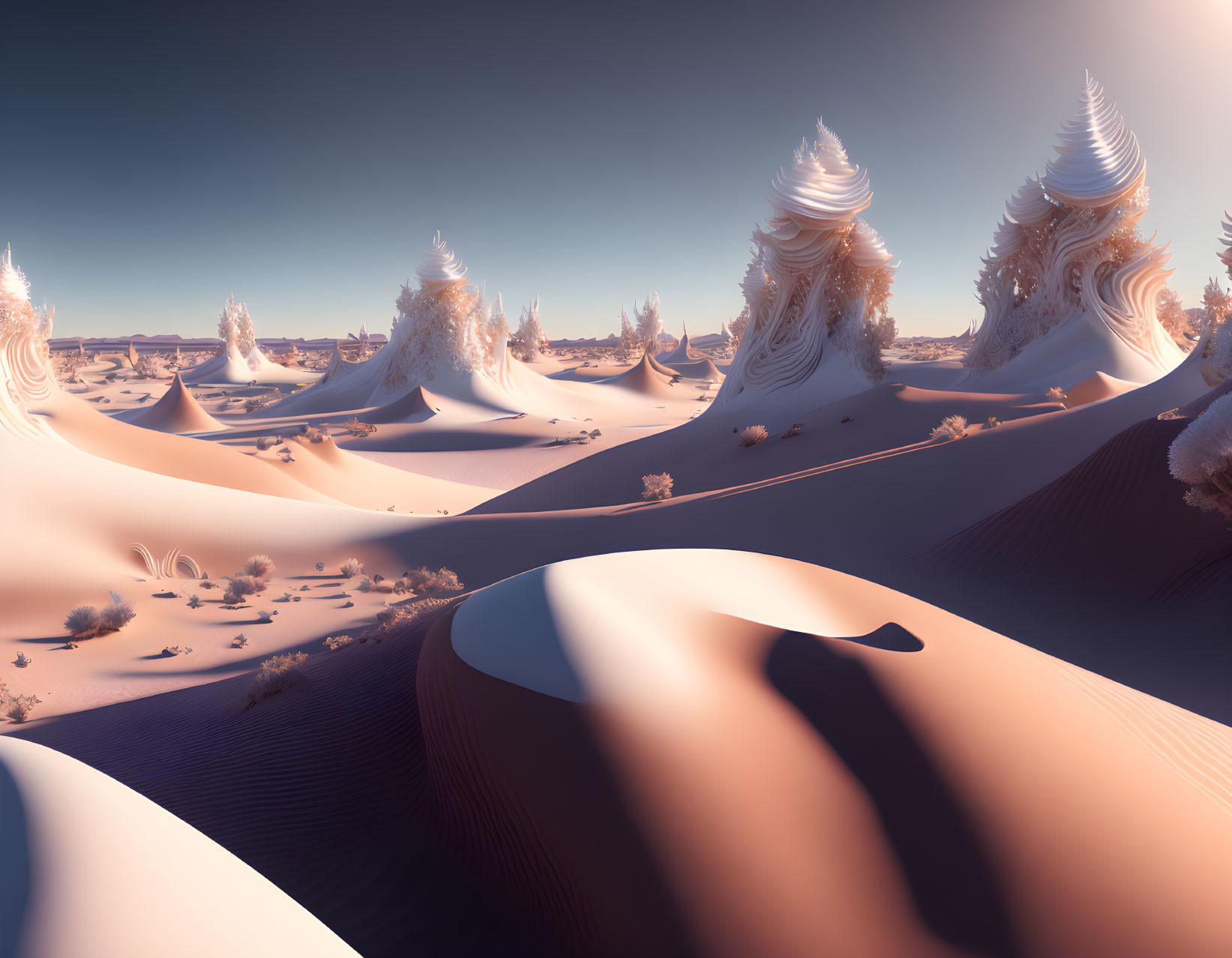 Surreal desert landscape with twisted ice cream-like structures