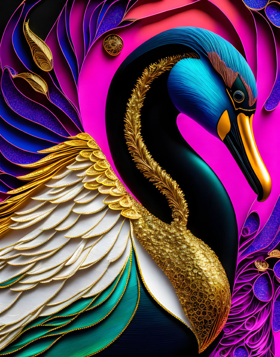 Colorful Digital Artwork: Intricate Multicolored Bird with Gold Accents on Abstract Background