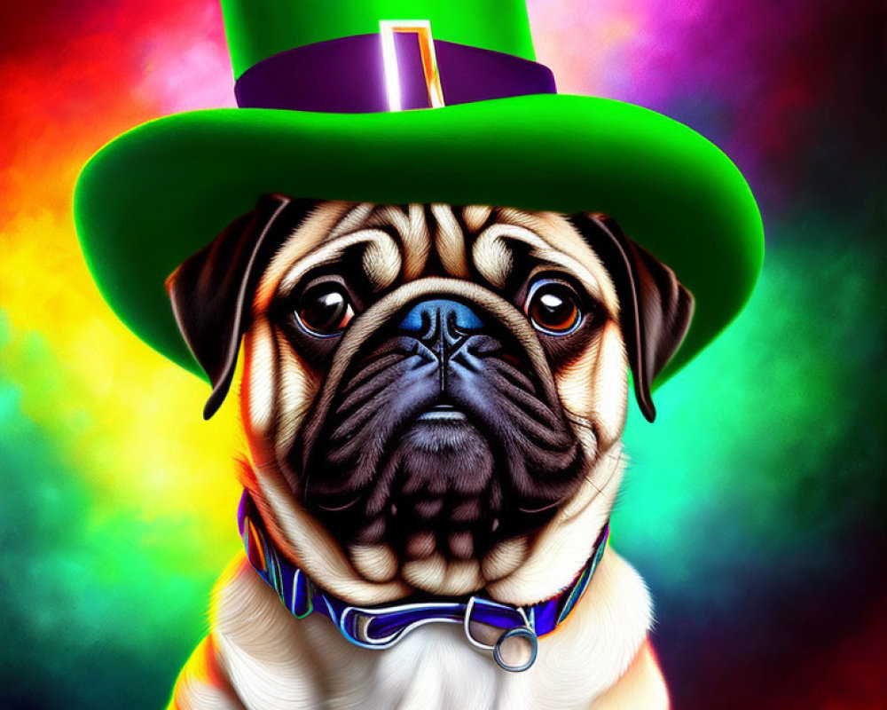 Pug in Green Top Hat with Shamrock Emblem on Rainbow Background