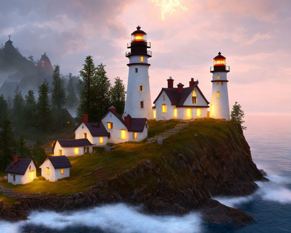 Cliffside lighthouses with illuminated windows at dusk