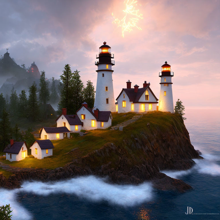 Cliffside lighthouses with illuminated windows at dusk