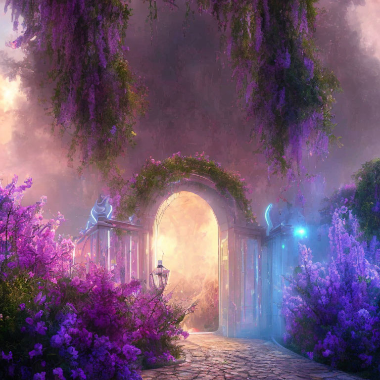 Enchanting garden archway covered in wisteria and purple flowers