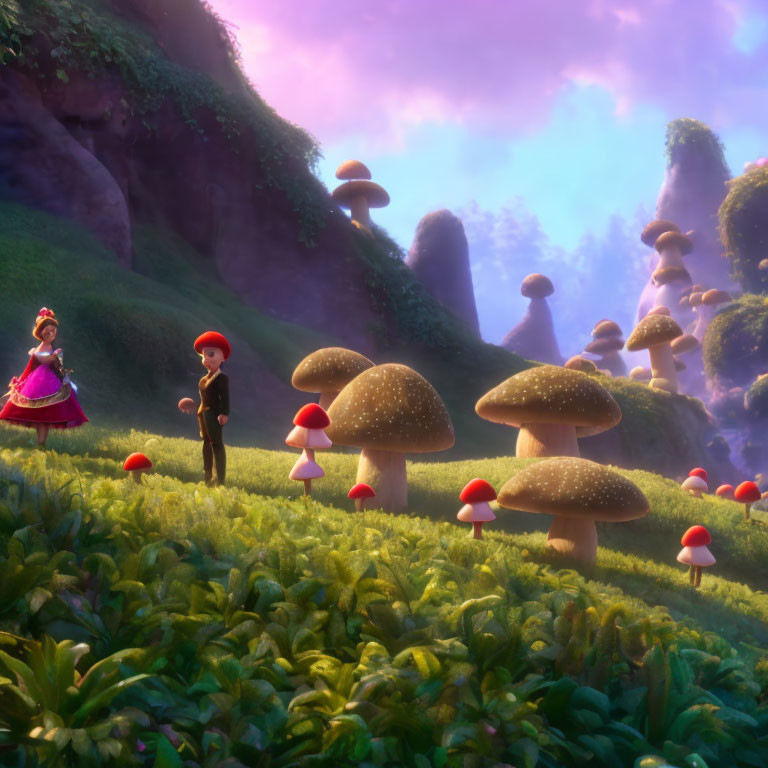 Animated characters in magical forest with oversized mushrooms under purple sky