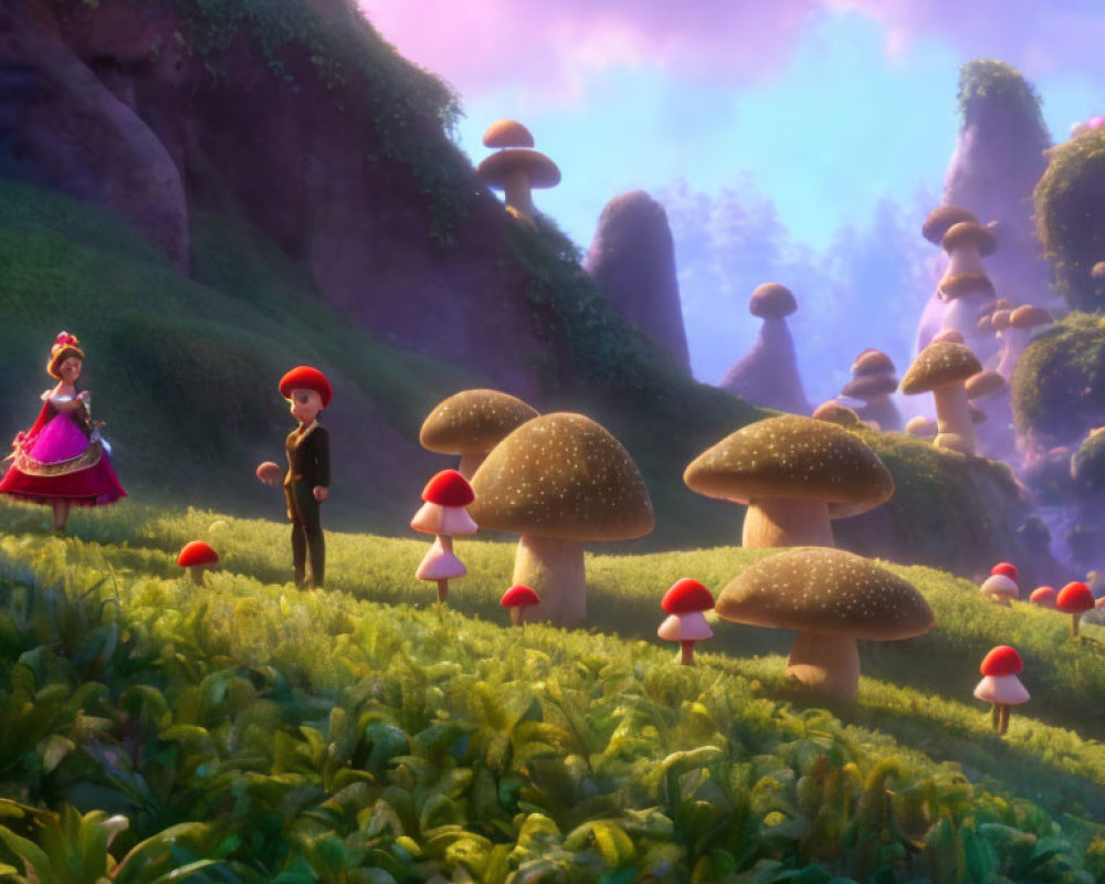 Animated characters in magical forest with oversized mushrooms under purple sky