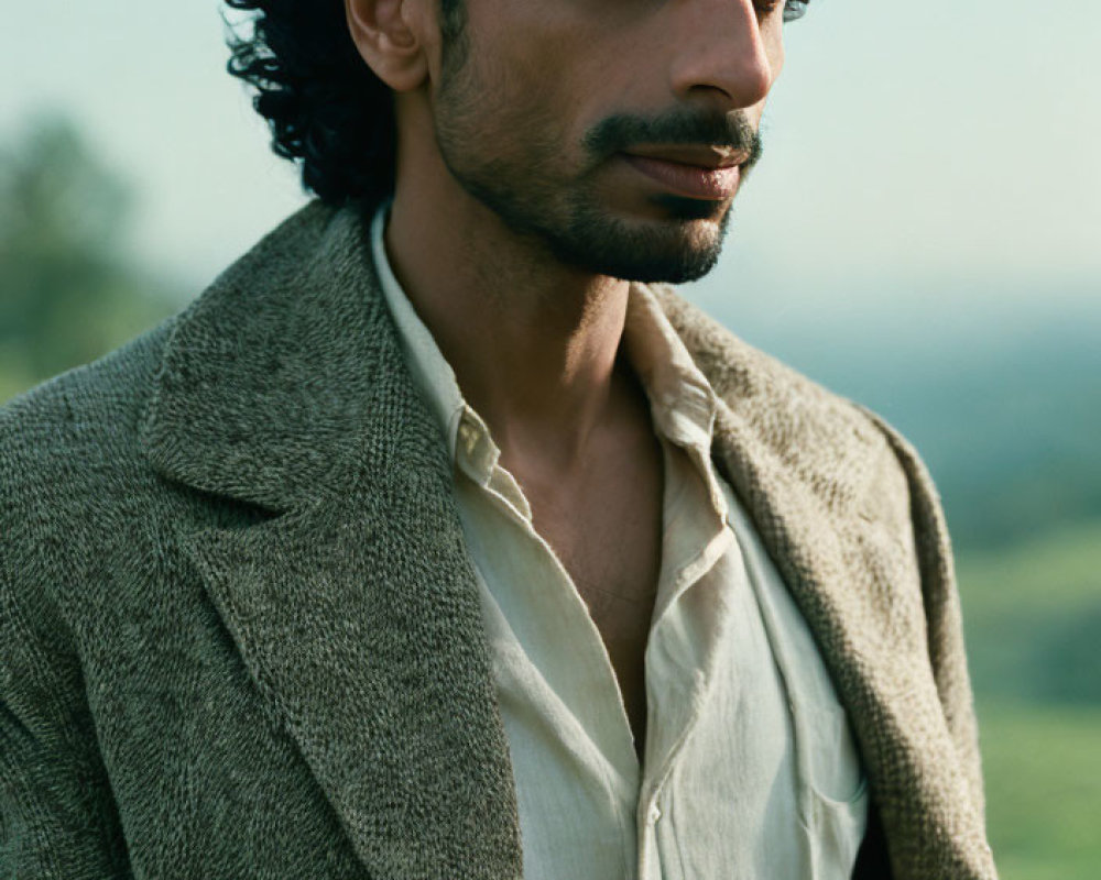 Curly-Haired Man in Beige Shirt and Brown Coat Outdoors