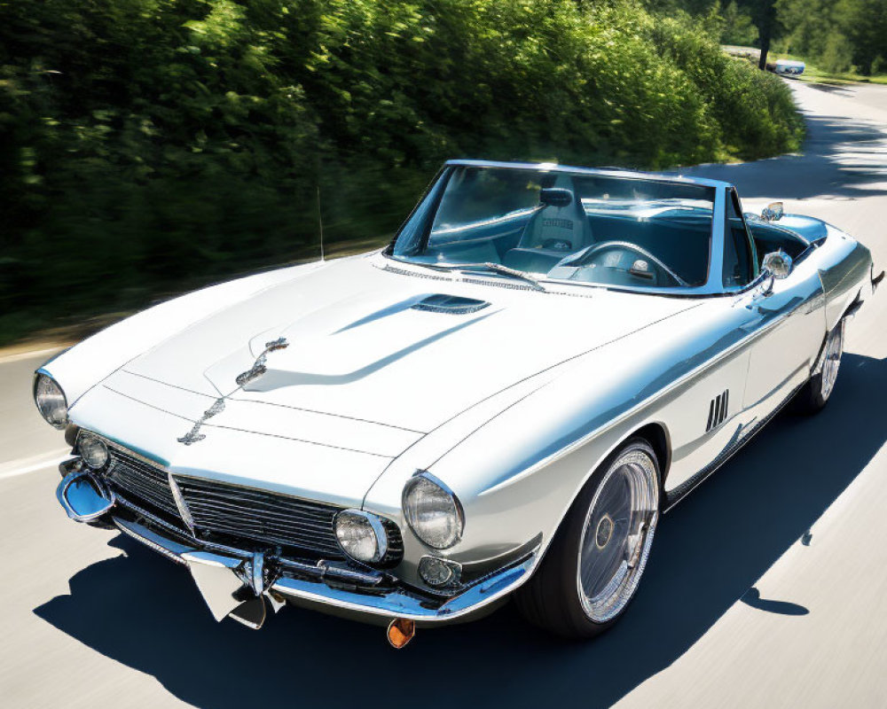 Vintage convertible car with white paint and stripes cruising tree-lined road on sunny day