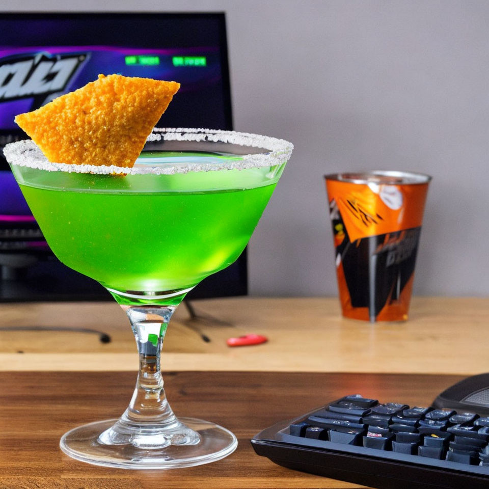 Green Cocktail with Salted Rim and Tortilla Chip Garnish Beside Computer Setup