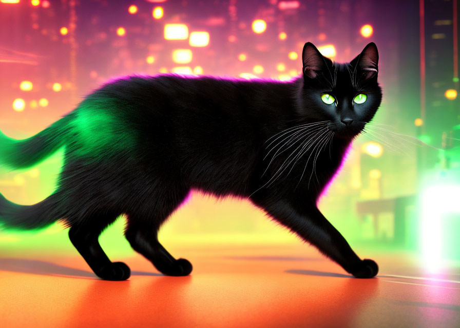 Striking green-eyed black cat in neon-lit urban setting