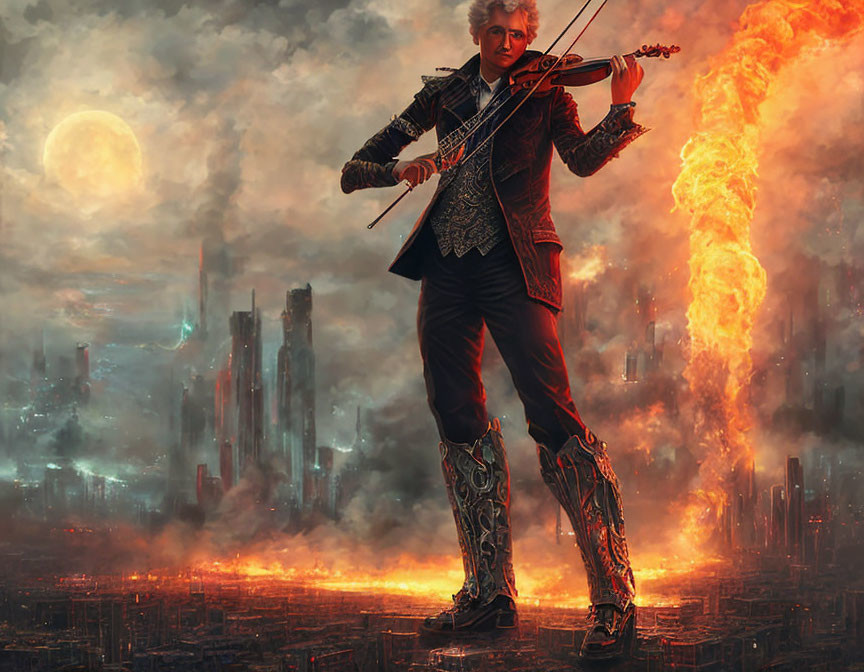 Silver-haired violinist performs in fiery dystopian cityscape with hazy moon