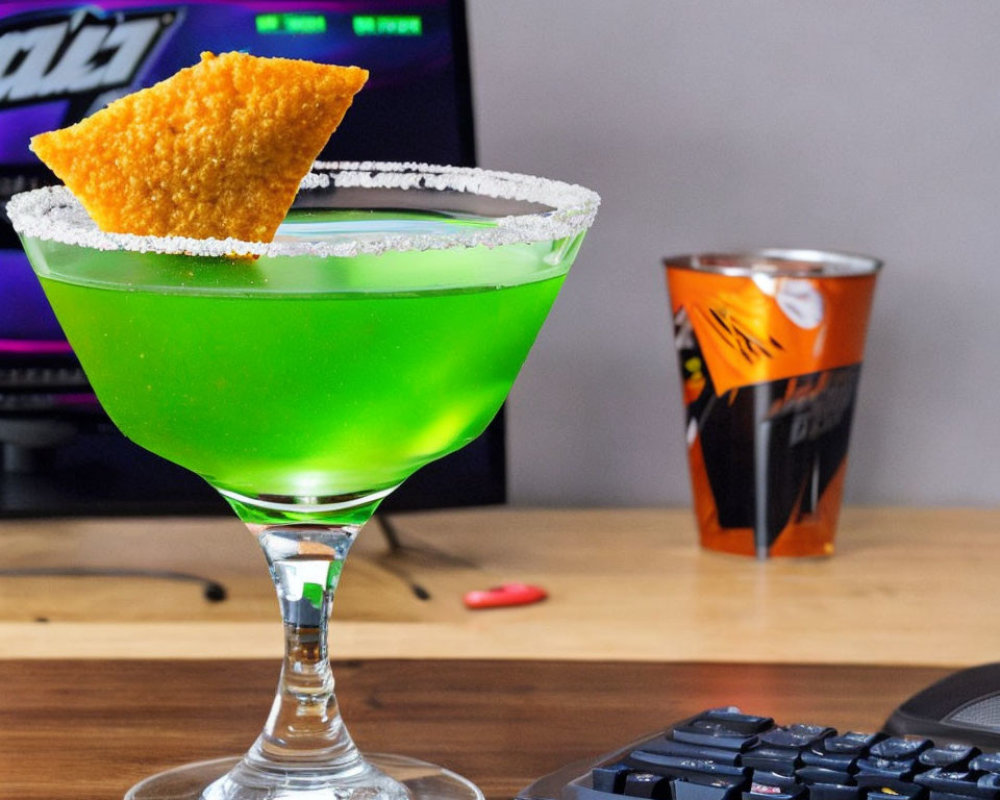 Green Cocktail with Salted Rim and Tortilla Chip Garnish Beside Computer Setup