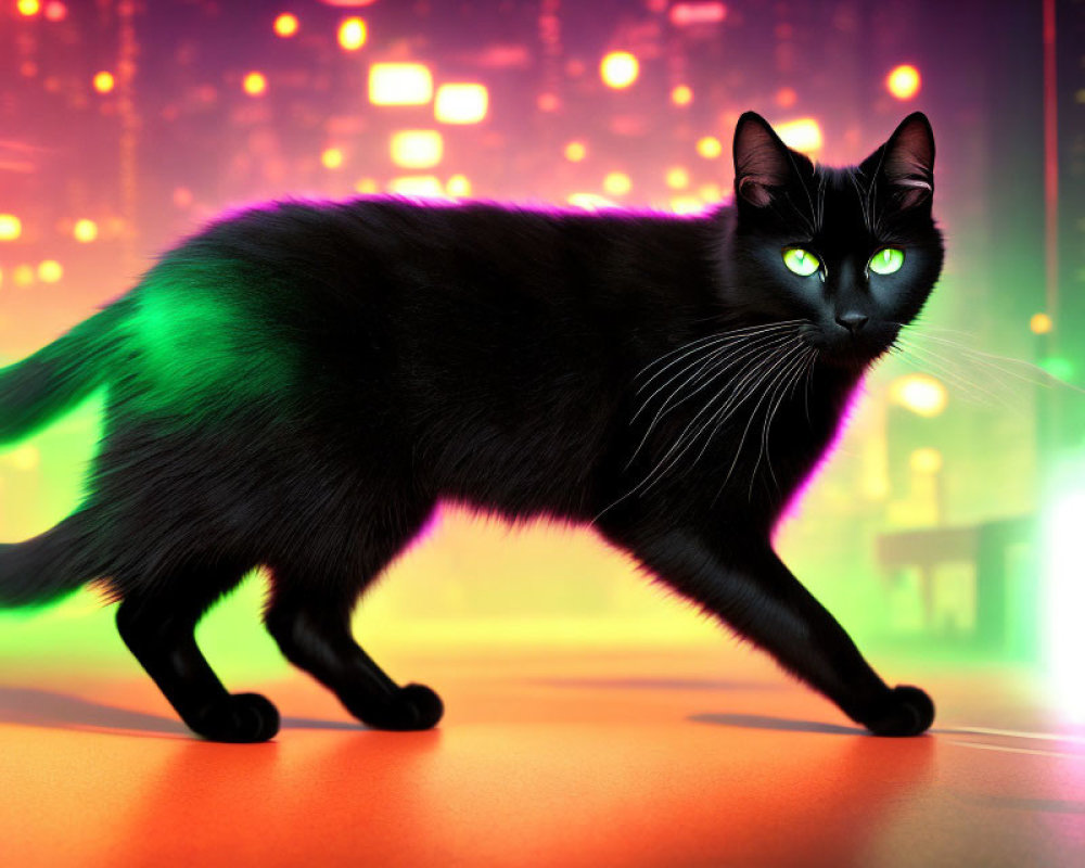 Striking green-eyed black cat in neon-lit urban setting