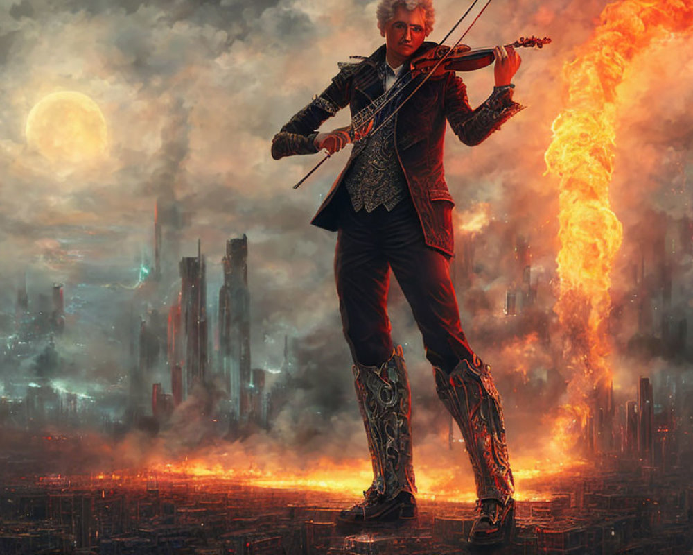 Silver-haired violinist performs in fiery dystopian cityscape with hazy moon