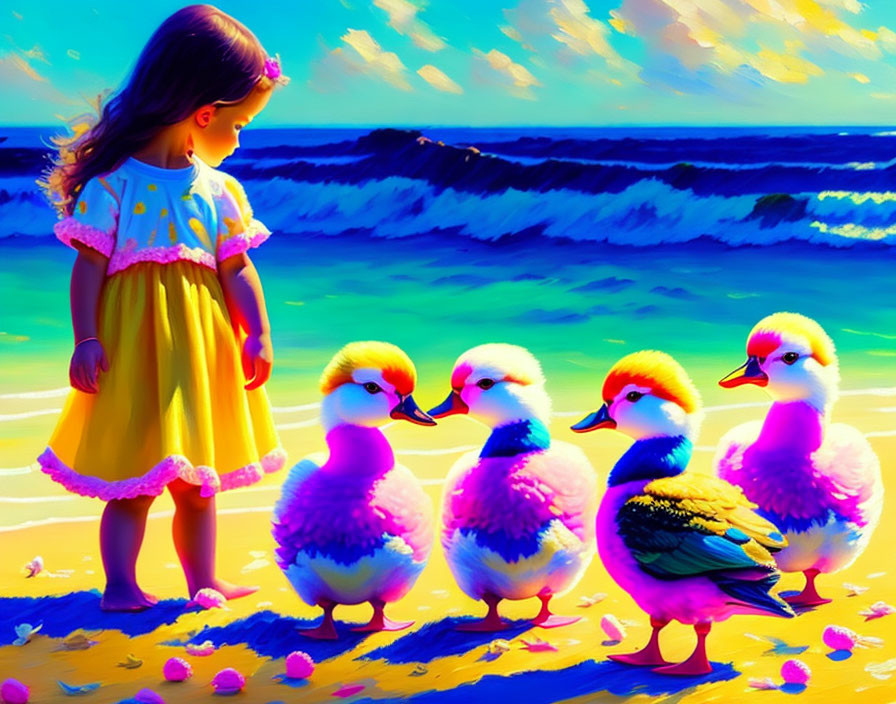 Girl in yellow dress observes colorful ducklings on sunny beach.