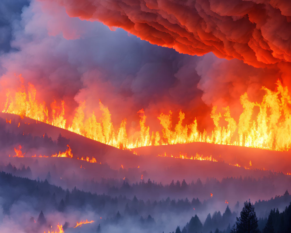 Massive wildfire engulfs forested hill with intense orange flames