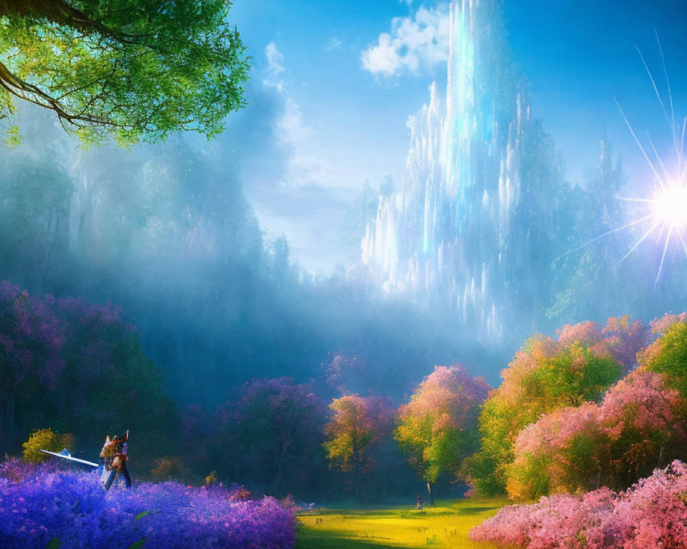 Fantasy landscape with crystal tower, knight, and colorful flora