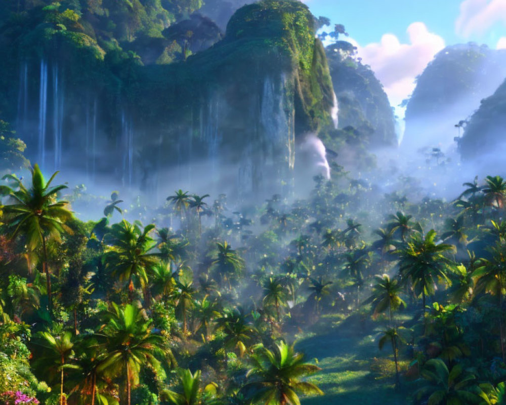 Tropical jungle with waterfalls, greenery, mist, palm trees, mountains, and sky