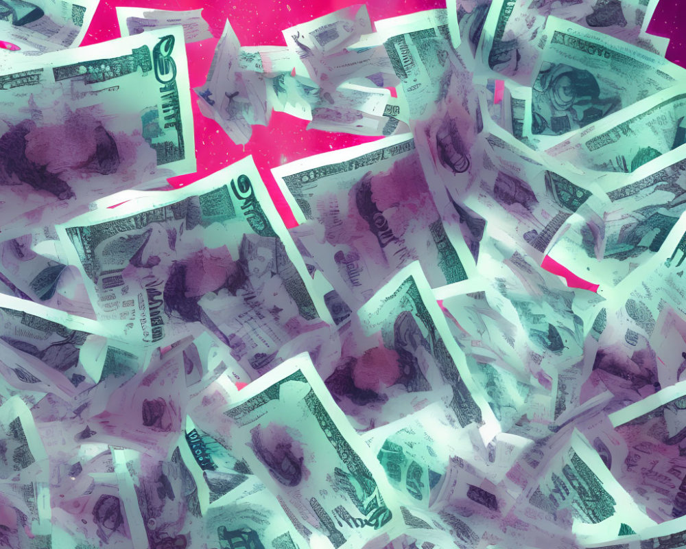 Chaotic twenty-dollar bills on vibrant starry background