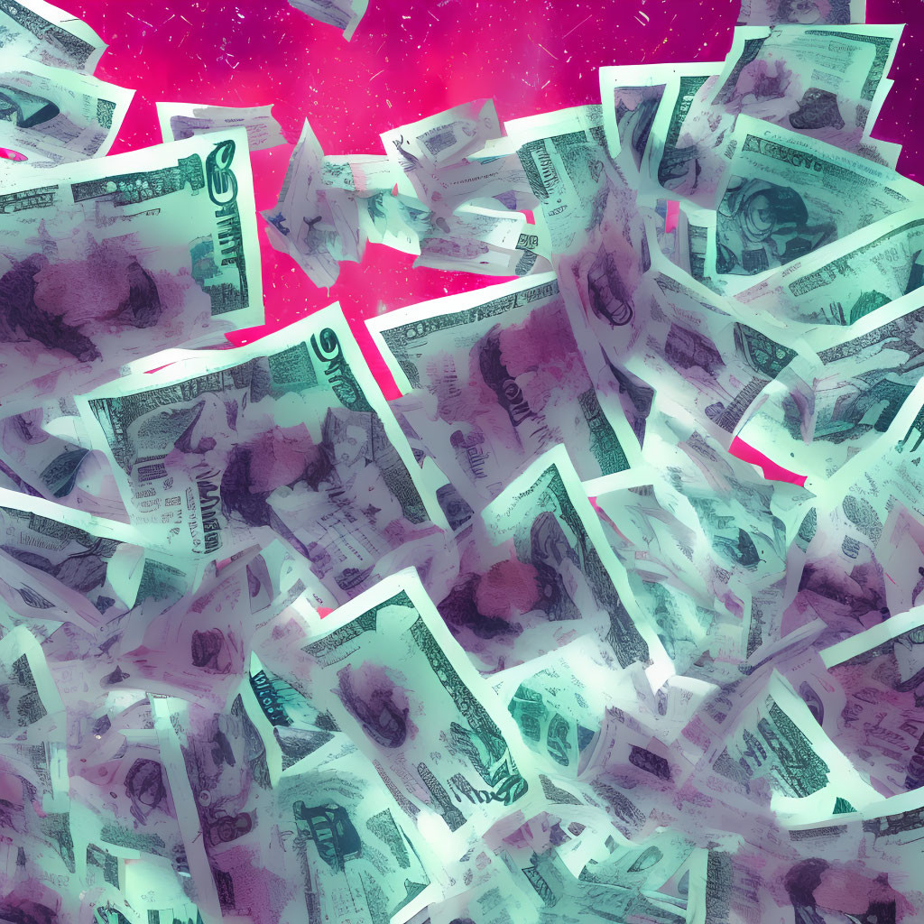 Chaotic twenty-dollar bills on vibrant starry background