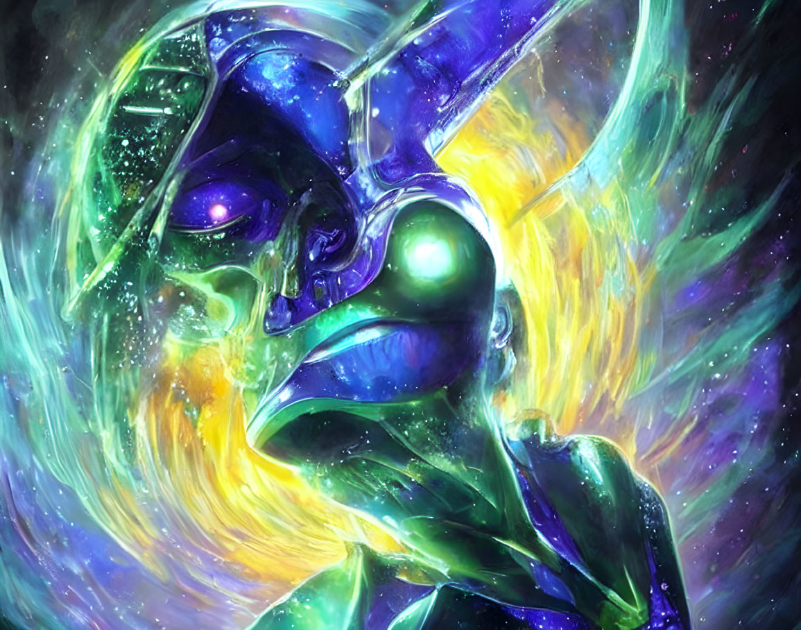 Illustration of character with green skin, purple ears, and central eye in cosmic setting