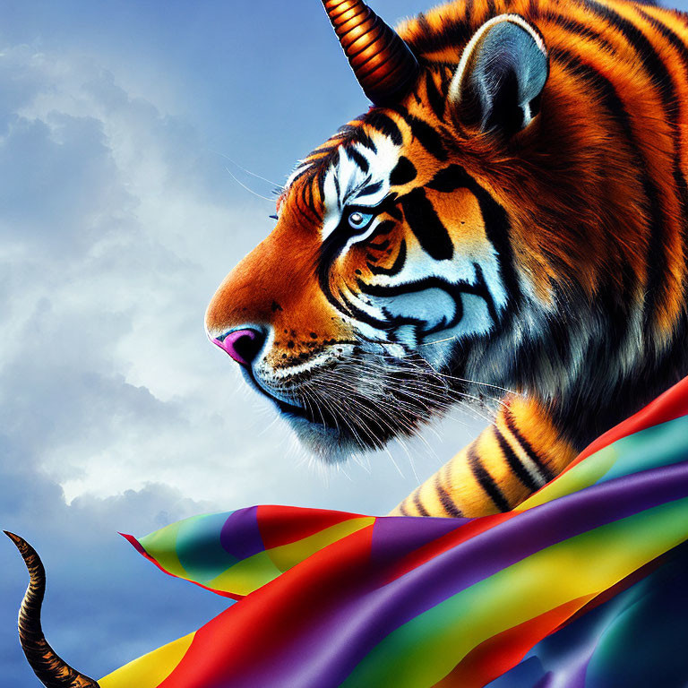 Colorful digital artwork: tiger and goat fusion with rainbow ribbons on cloudy sky.