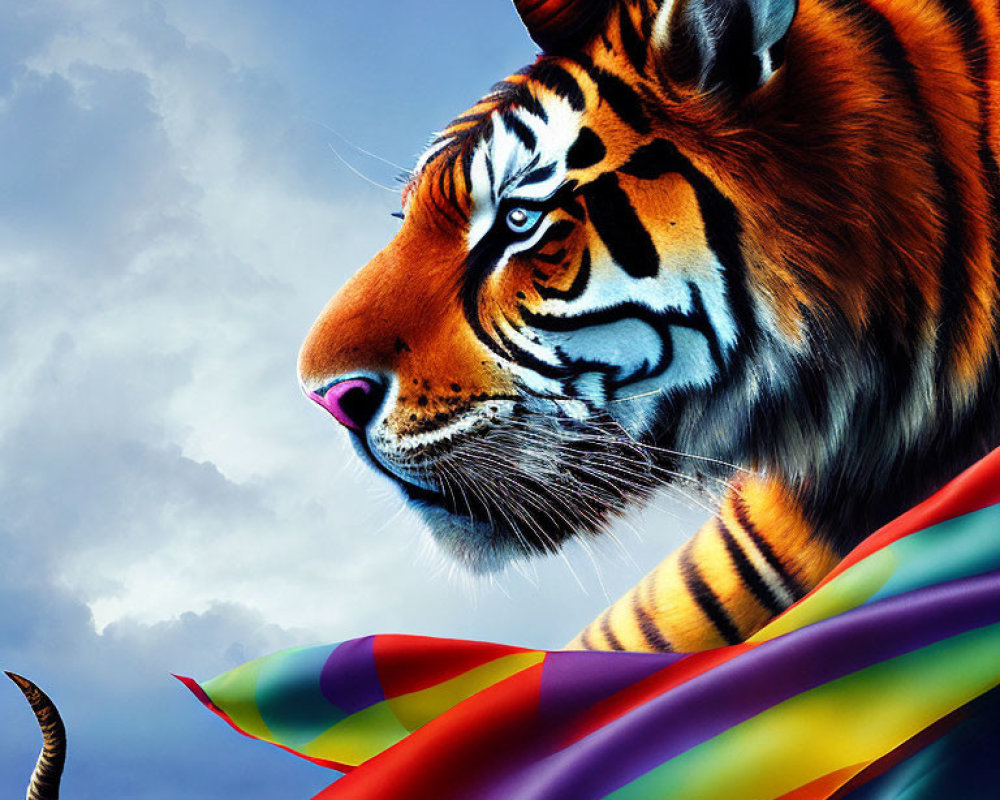 Colorful digital artwork: tiger and goat fusion with rainbow ribbons on cloudy sky.