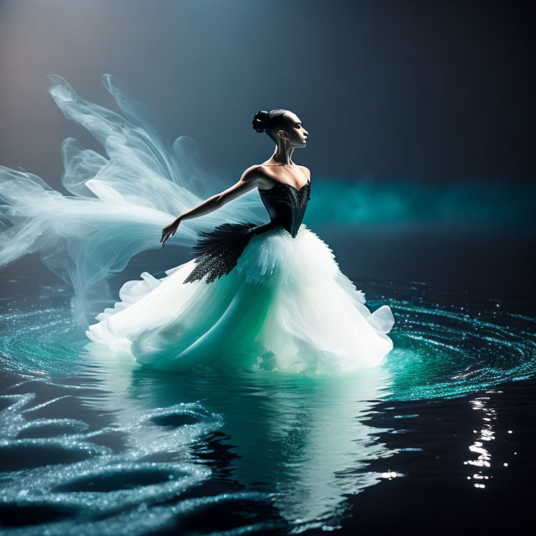 Ethereal black and white ballerina dancing on reflective surface