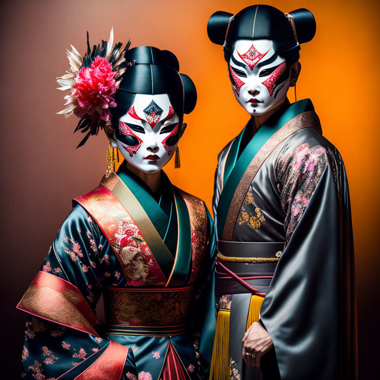 Traditional Japanese Attire with Kabuki-Inspired Makeup on Two People