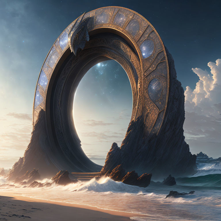 Ornate Ring Structure on Sandy Beach with Starry Sky and Sunset