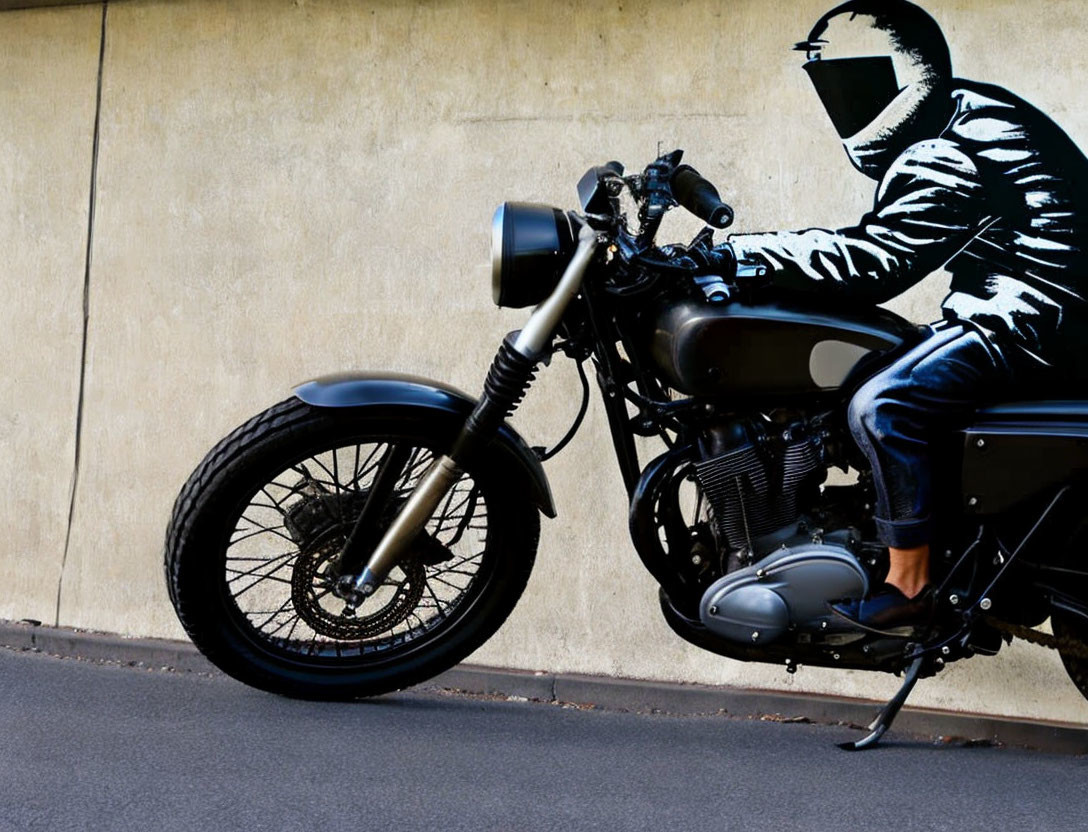 Person in White-Striped Helmet Riding Black Motorcycle on Concrete Wall