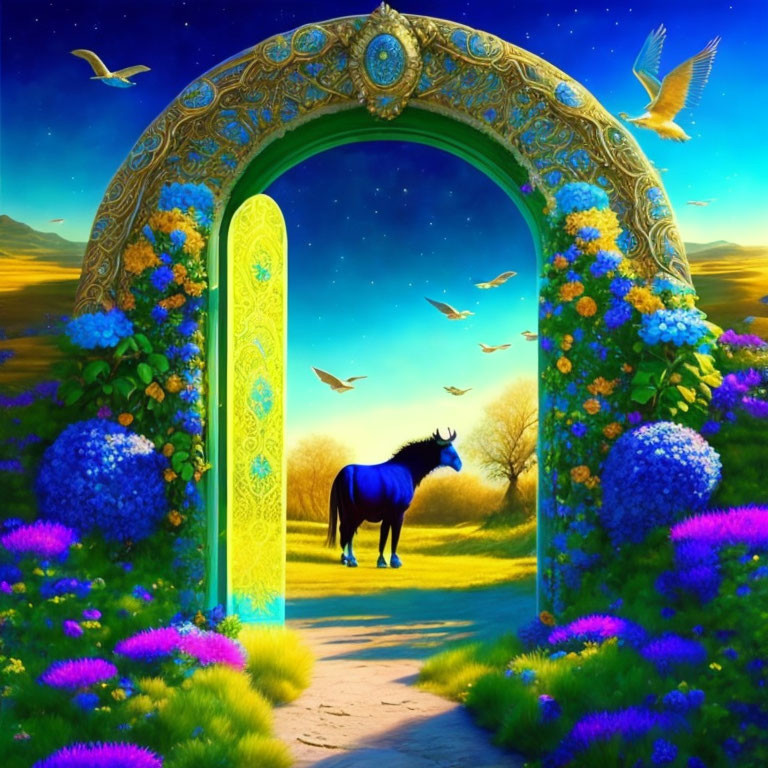 Ornate archway leading to magical meadow with black horse