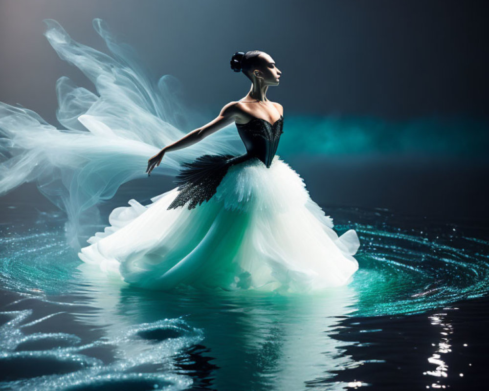 Ethereal black and white ballerina dancing on reflective surface