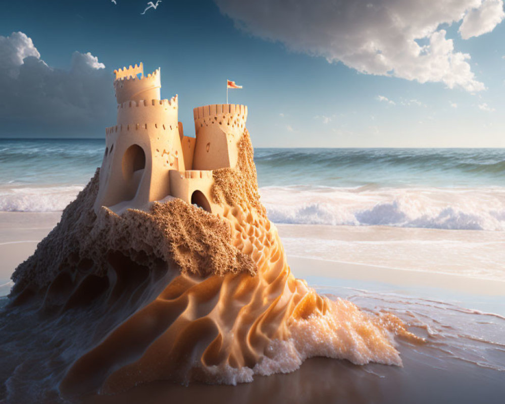 Sandcastle with towers by the shore under blue sky