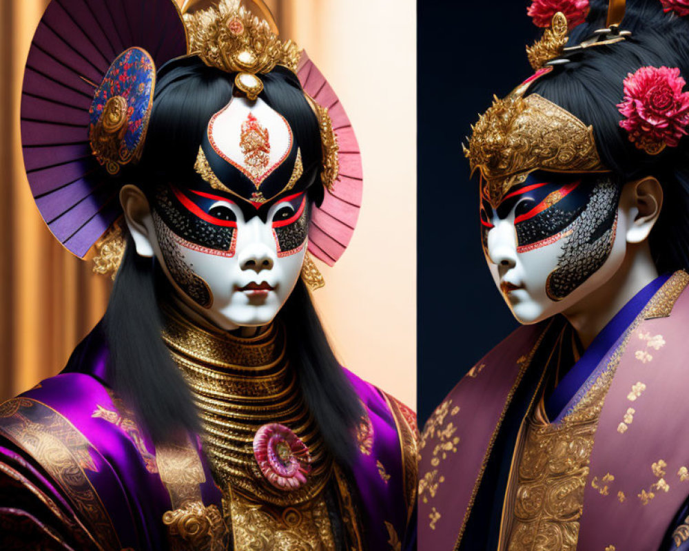 Elaborate Traditional Japanese Costumes with Gold and Red Headpieces