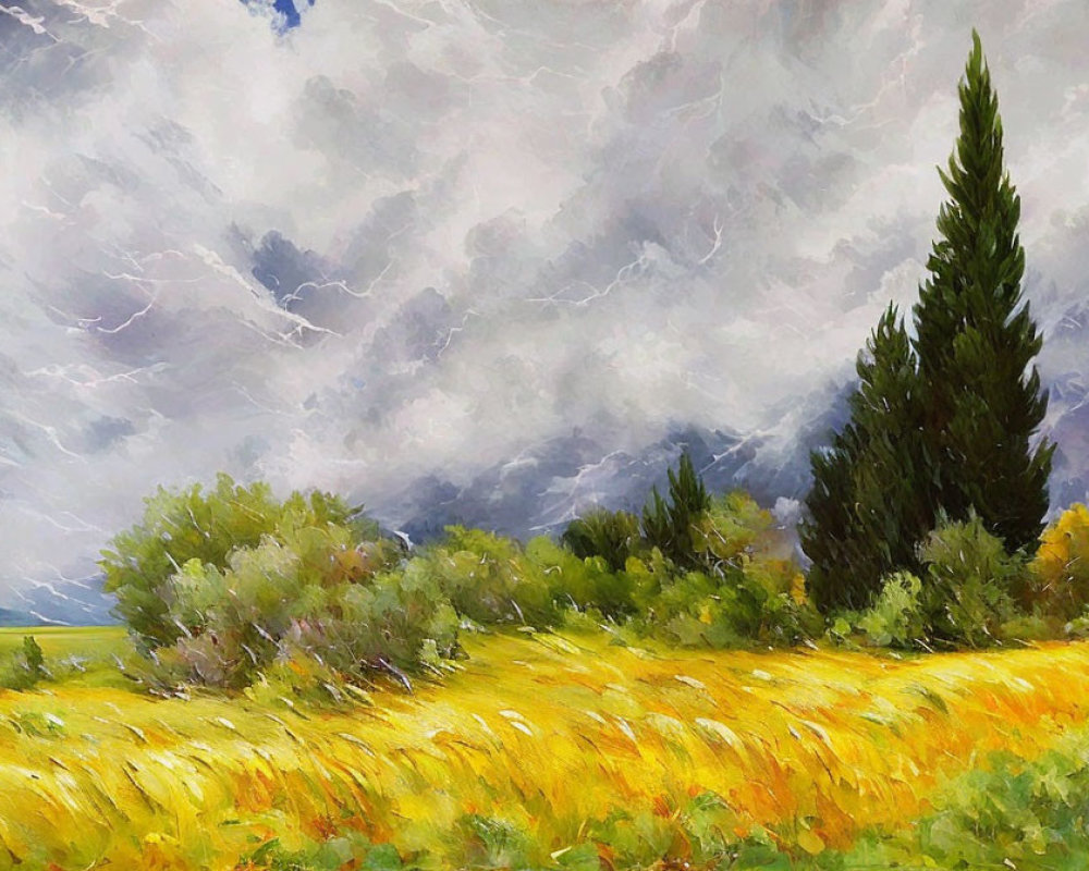 Vibrant Impressionist Painting of Stormy Field