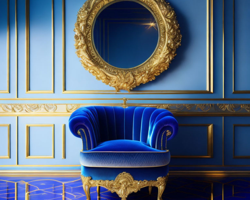 Luxurious royal blue velvet armchair with ornate golden-framed mirror