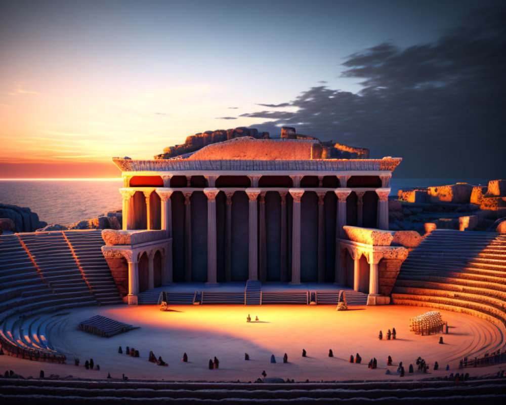 Ancient Amphitheater at Sunset with Scattered People