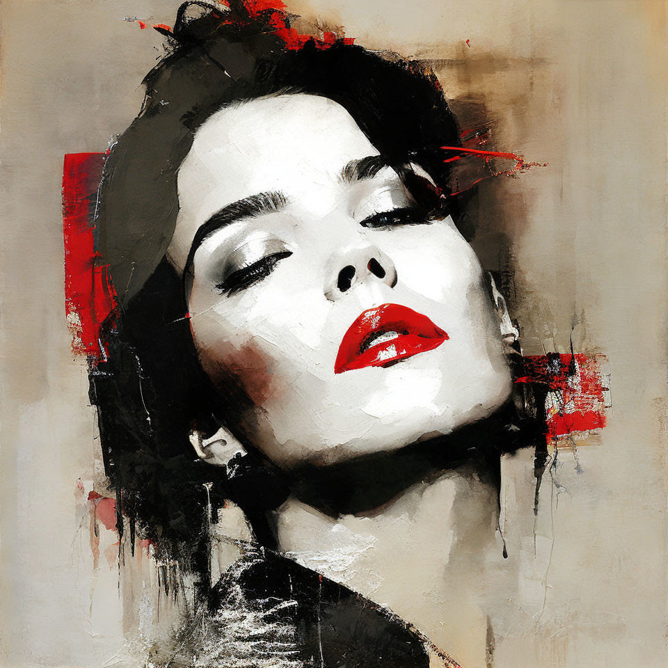 Abstract portrait with red lipstick and black & white tones on beige background